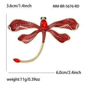 Exquisite red enamel dragonfly brooch with rhinestones and crystals in a gold-tone finish