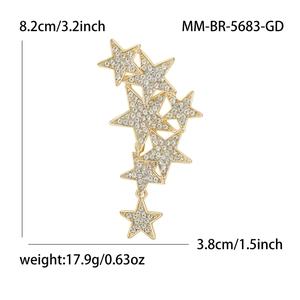 Sparkling rhinestone star cluster brooch in gold finish with precise size measurements
