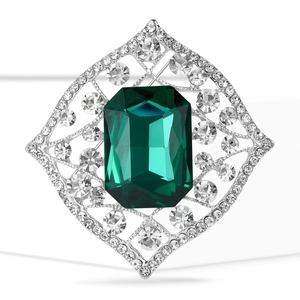 Elegant emerald glass rhinestone brooch with silver alloy geometric frame for women