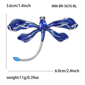 Elegant dragonfly brooch with blue enamel wings and crystals, size 2.4 inch width