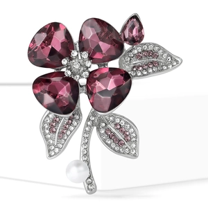 Spilla floreale elegante con petali di cristallo viola, perle e zirconi brillanti
