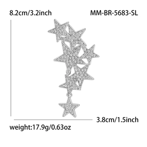 Sparkling silver star cluster brooch with rhinestones for women, length 8.2cm and width 3.8cm