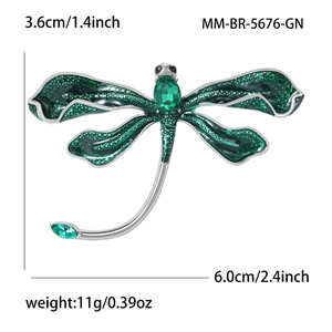 Exquisite silver dragonfly brooch with green enamel and faceted rhinestones 6.0cm wide