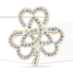 Élégante broche trèfle creuse dorée avec strass pour décoration de vêtements de femme