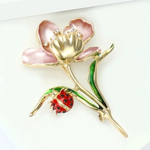 Vintage enamel lotus flower brooch with ladybug and clear rhinestones on gold alloy base