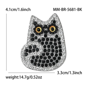 Cute black and white rhinestone cat brooch with orange eyes for garment decoration