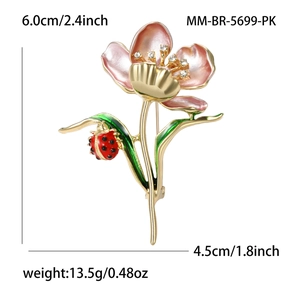 Elegant enamel lotus flower brooch with ladybug and rhinestones in pink gradient and gold