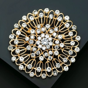 Détails de la broche fleur de soleil de luxe avec strass et base métallique dorée