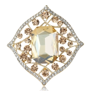Vintage Alloy Rhinestone Glass Flower Brooch For Women Luxury Geometric Rhombus Brooch For Suits Coats Banquet Jewelry