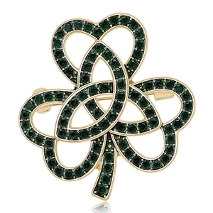 Broche trèfle élégante en or avec des strass vert foncé pour foulards de femme