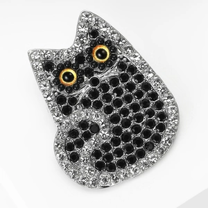 Classic silver alloy cat brooch with black crystals and pavé rhinestones for women