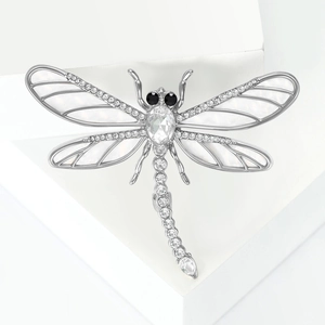 Broche libellule élégante en alliage argenté avec ailes blanches et strass pour femme