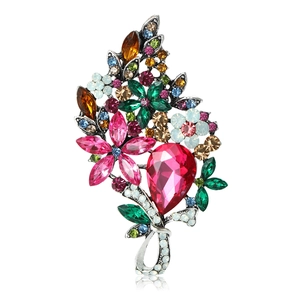 Luxurious vintage multi-color floral crystal brooch with pink rhinestones on silver alloy