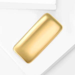 Macro shot of liquid metal gold rectangular brooch with smooth brushed finish detail