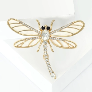 Élégante broche libellule dorée avec perles blanches et strass en cristal scintillants