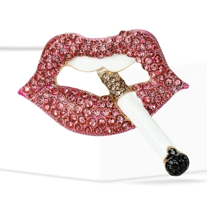 Fashionable red lips and cigarette brooch with pink rhinestones and white enamel finish