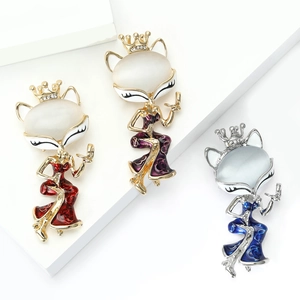 Spilla Volpe in Lega Vintage Con Pietra Occhio di Gatto Corona di Strass Vestito di Rose Smaltato Spilla Animale per Donna Regalo