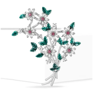 Broche marguerite élégante avec strass blancs et émail vert sur une base en argent raffiné