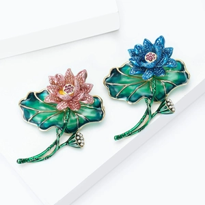 Elegant gold lotus brooch pins with enamel leaves and pearls in pink and blue