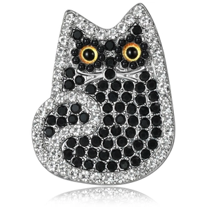 Cute silver alloy cat brooch with sparkling black and clear rhinestones and orange eyes