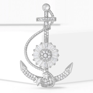 Broche ancre en argent étincelant avec diamants et corde nautique pour costumes