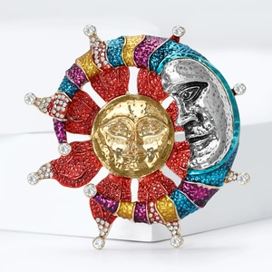Artistic sun and moon enamel brooch with colorful textures and sparkling rhinestones