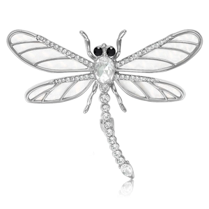 Élégante broche libellule avec ailes en alliage argenté, strass blancs et nacre incrustée