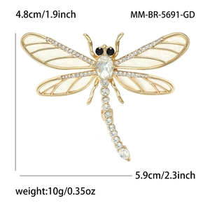 Broche libellule élégante dorée avec ailes en émail et strass brillants 4,8x5,9 cm