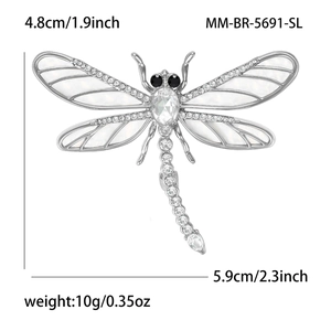Élégante broche libellule en alliage d'argent avec nacre blanche et strass brillants