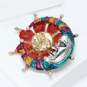 Bohemian Sun And Moon Enamel Brooch For Women Men Stainless Steel Rhinestone Celestial Sun Moon Face Pin Jewelry Decoration