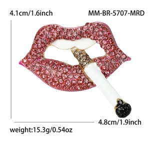 Sparkling crystal red lips brooch with cigarette design in polished pink rhinestones