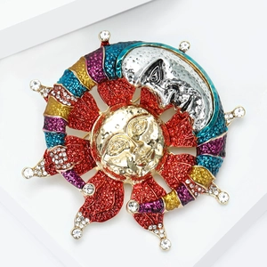 Celestial sun and moon enamel brooch with colorful glaze and sparkling rhinestones