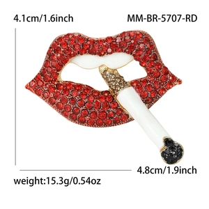 Sparkling red lips and cigarette enamel brooch with rhinestones for women clothing decor