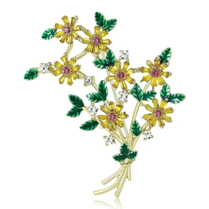 Élégante broche bouquet de marguerites jaunes en émail avec cristaux étincelants