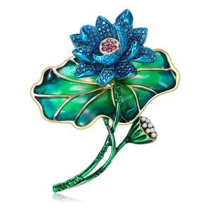 Vintage Lotus Flower Brooch Alloy Enamel Rhinestone Artificial Pearl Pin Floral Leaf Brooch For Women Wedding Banquet Jewelry Gift