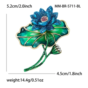 Elegant lotus flower brooch with blue crystals, green enamel leaves and white pearl accent