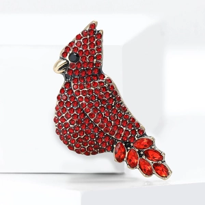Exquisite red cardinal bird brooch with sparkling rhinestones on golden alloy base
