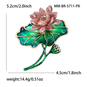 Elegant lotus brooch with pink rhinestone petals, green enamel leaves, and a pearl accent