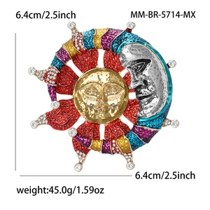 Star and moon sunburst brooch with colorful enamel and sparkling crystals, 6.4cm size