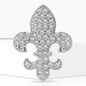 Détail rapproché d'une broche Fleur de Lys argentée ornée de strass en cristal brillant