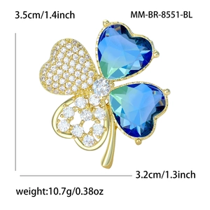 Broche trèfle à quatre feuilles dorée avec gemmes bleues et zircons, 3,5 cm x 3,2 cm