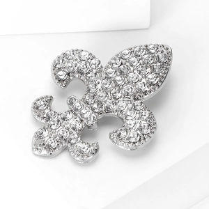 Détail macro de la broche fleur de lys argentée avec cristaux sur support blanc pur