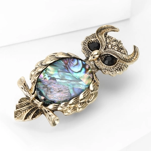 Vintage Owl Brooch With Abalone Shell Rhinestone Inlay Alloy Animal Lapel Pin For Women Suits High Quality Jewelry Accessories