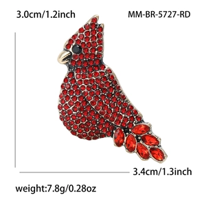 Sparkling cardinal bird brooch with red rhinestones in 3.0cm x 3.4cm compact size