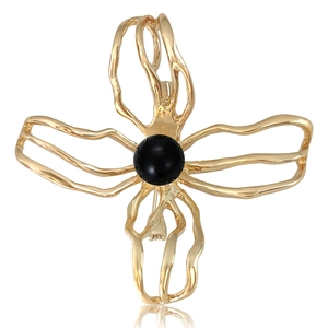Elegant gold hollow camellia brooch with black bead accent for luxury coats and suits