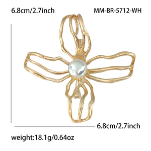 Elegant gold hollow camellia brooch with rhinestones and central pearl, 6.8cm diameter