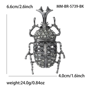 Vintage gunmetal beetle brooch with gray rhinestones for men and women, 6.6cm x 4.0cm