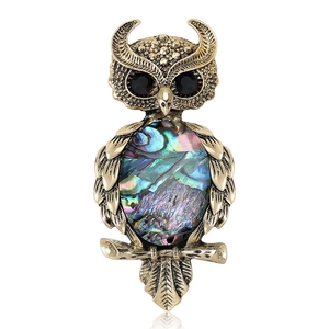 Vintage Alloy Rhinestone Owl Brooch For Women Men Gold Colorful Shell Animal Pin Fashion Suit Accessories Jewelry Gift