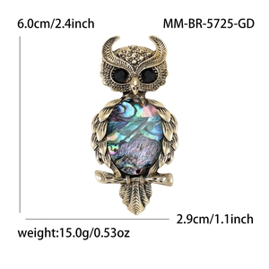 Vintage owl brooch with rhinestone eyes and abalone shell belly for suits, size 6.0cm