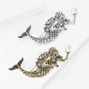 Vintage Alloy Mermaid Brooch Pin With Faux Artificial Pearl Antique Style Elegant Women Apparel Accessories For Suit Coat Dress Hat